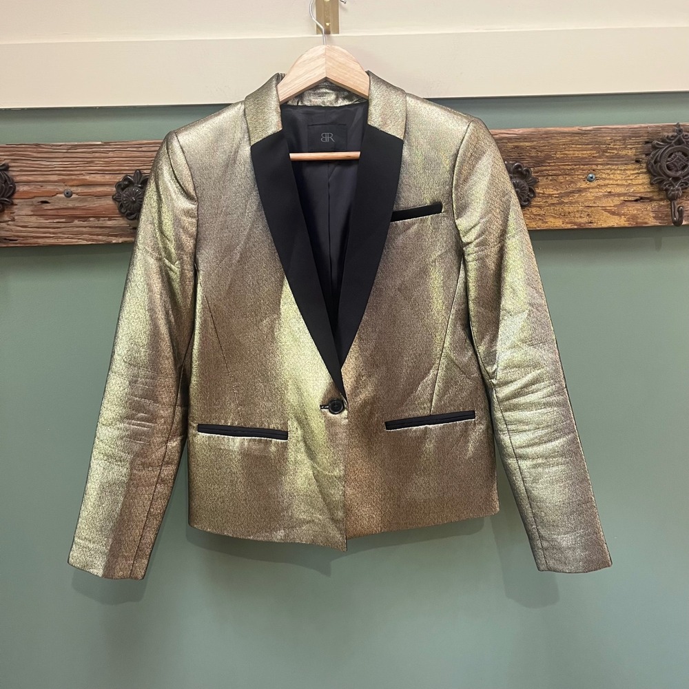 Banana Republic Womens Metallic Gold Tuxedo Blazer Black Lapel Size 6 Holiday